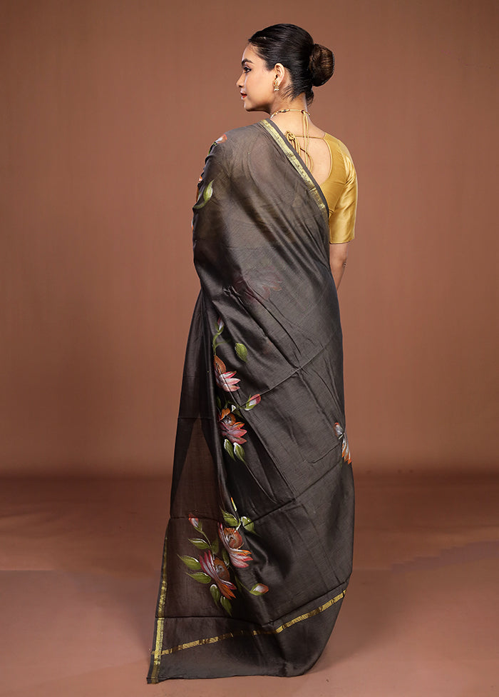 Black Chanderi Silk Saree With Blouse Piece