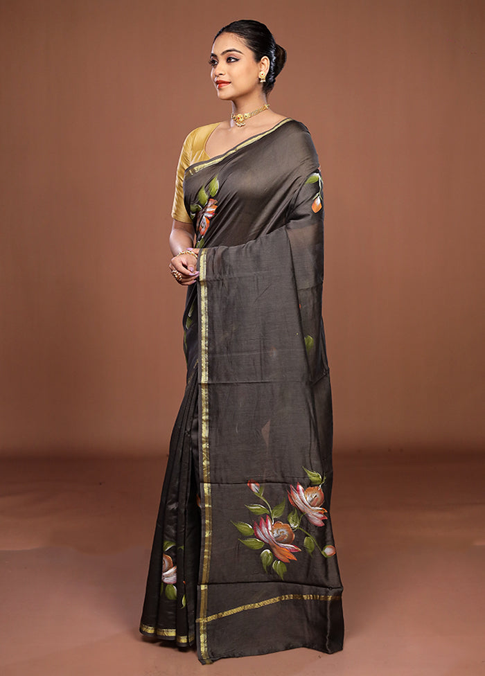 Black Chanderi Silk Saree With Blouse Piece