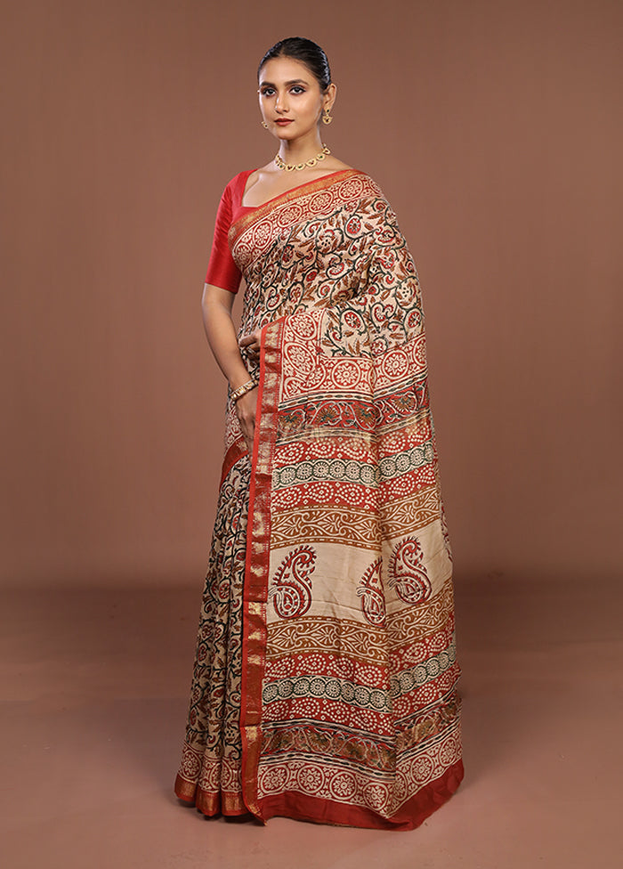 Cream Chanderi Silk Saree With Blouse Piece