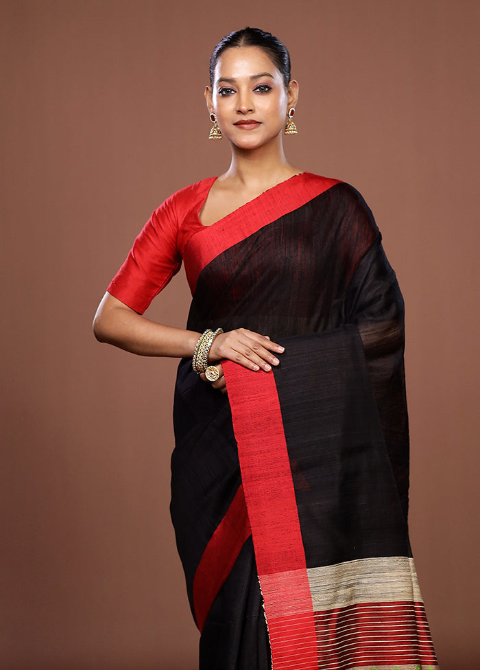 Black Handloom Matka Pure Silk Saree With Blouse Piece