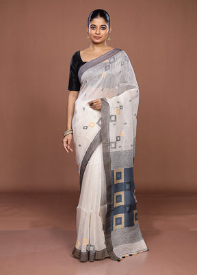 White Linen Silk Saree With Blouse Piece