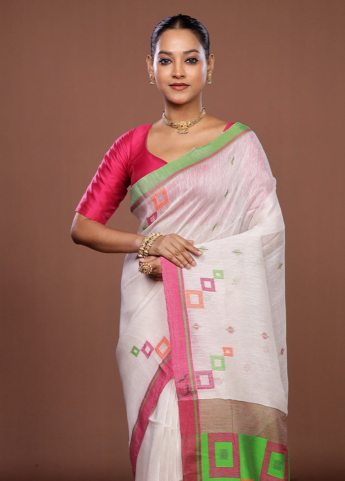 White Linen Silk Saree With Blouse Piece