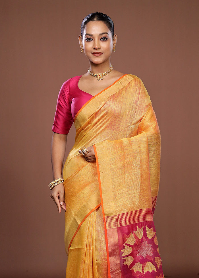 Yellow Matka Silk Saree With Blouse Piece