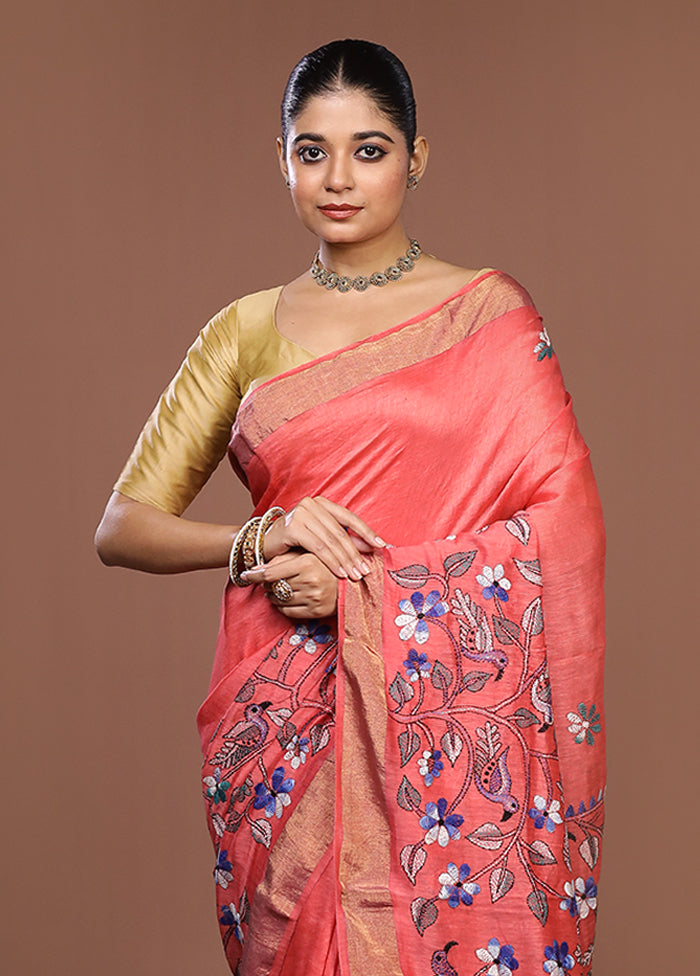 Pink Matka Silk Saree With Blouse Piece