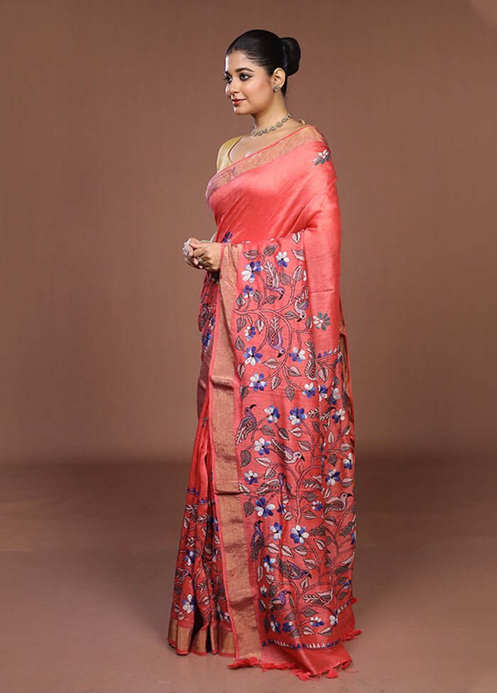 Pink Matka Silk Saree With Blouse Piece