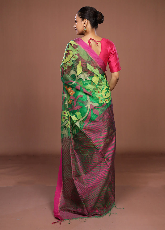 Green Handloom Matka Pure Silk Saree With Blouse Piece