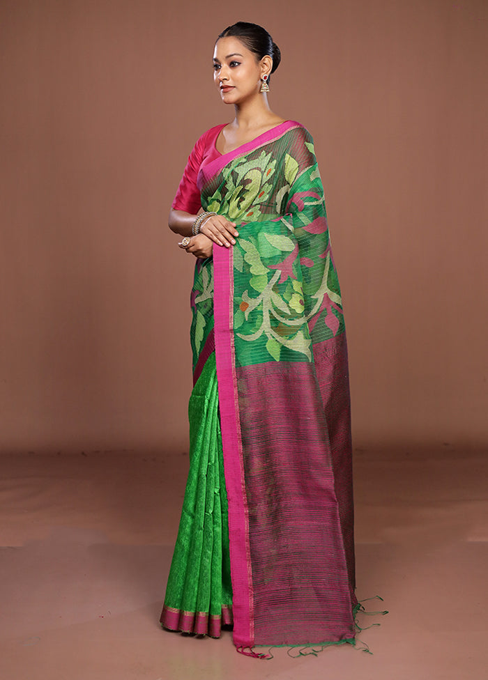 Green Handloom Matka Pure Silk Saree With Blouse Piece