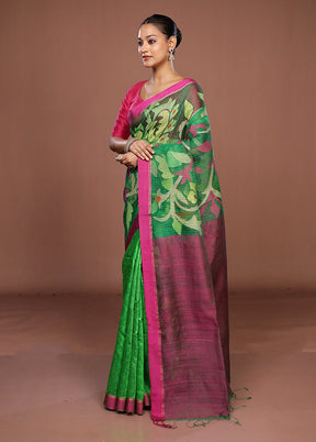 Green Handloom Matka Pure Silk Saree With Blouse Piece