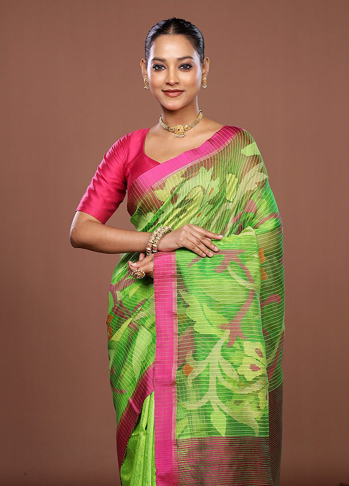 Green Handloom Matka Pure Silk Saree With Blouse Piece