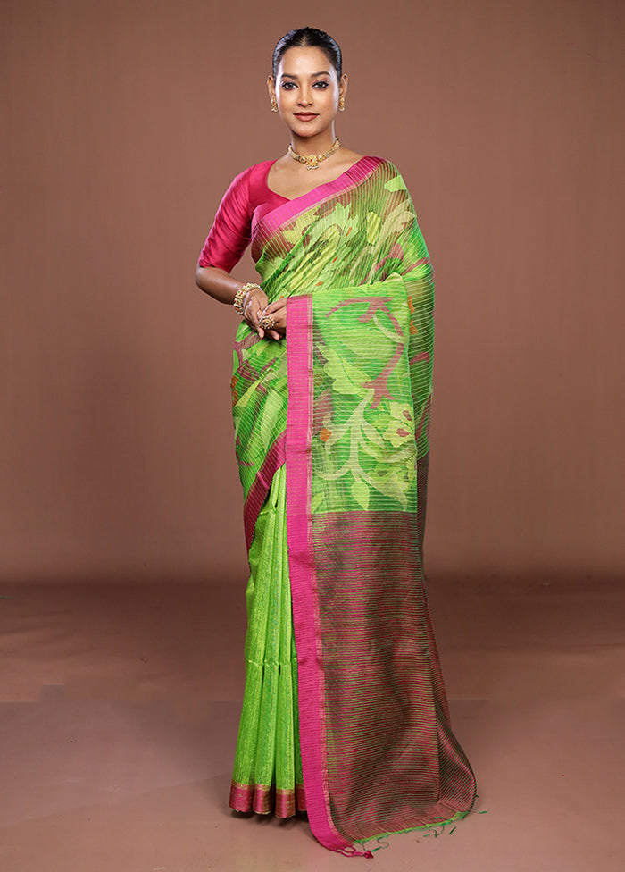 Green Handloom Matka Pure Silk Saree With Blouse Piece