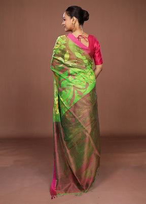 Green Handloom Matka Pure Silk Saree With Blouse Piece