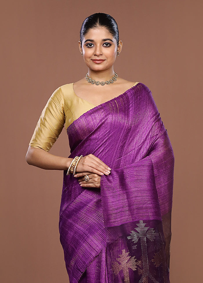 Purple Handloom Matka Pure Silk Saree With Blouse Piece