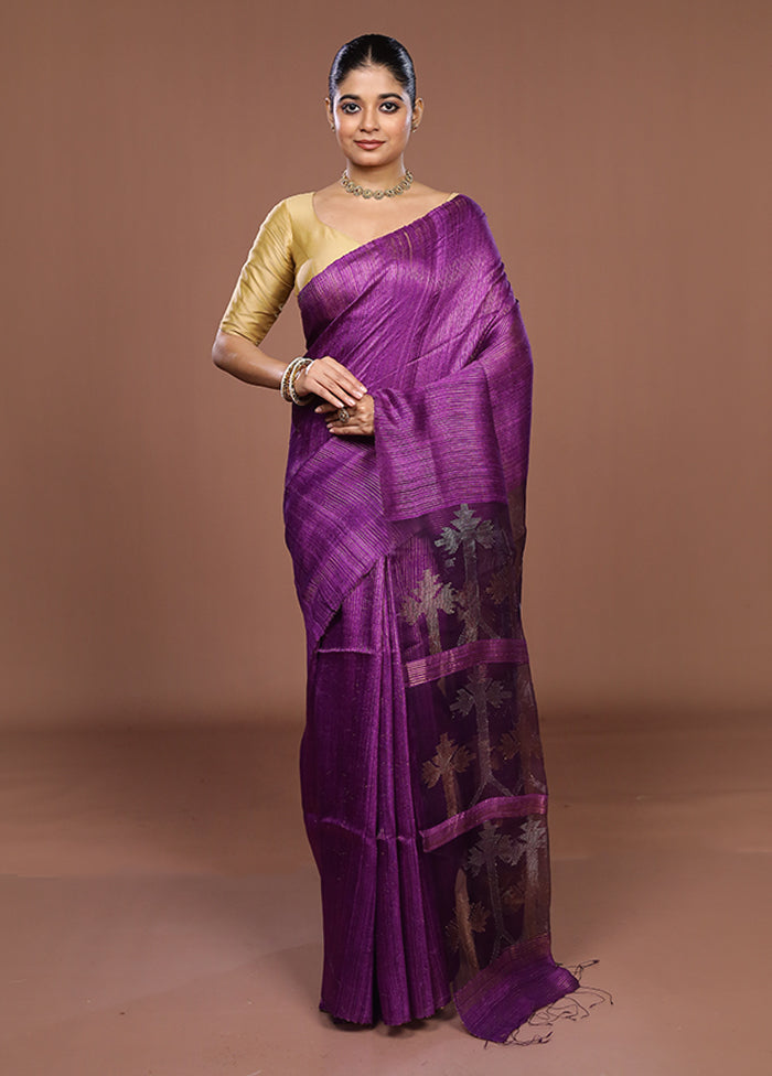 Purple Handloom Matka Pure Silk Saree With Blouse Piece