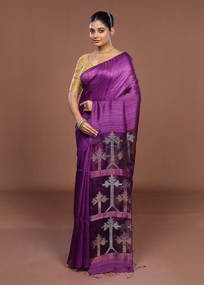 Purple Handloom Matka Pure Silk Saree With Blouse Piece