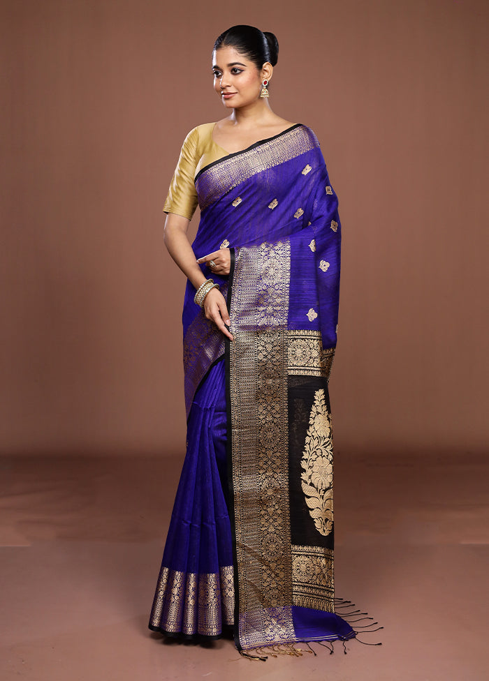 Blue Handloom Matka Pure Silk Saree With Blouse Piece