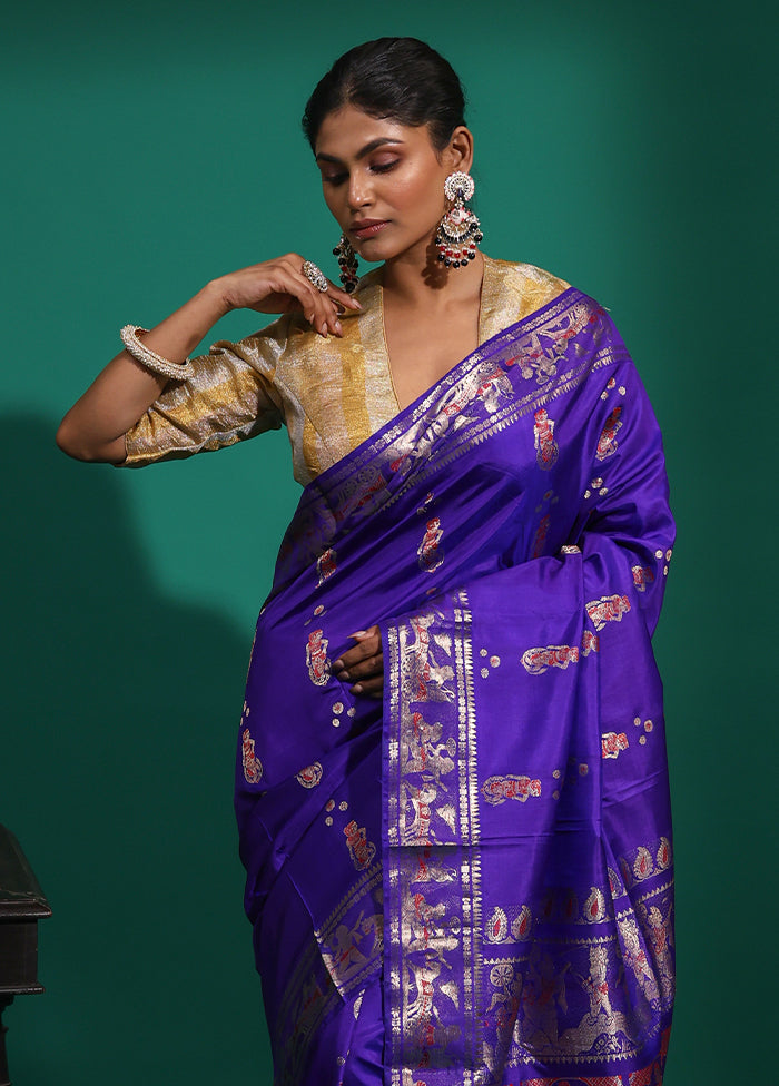 Blue Handloom Baluchari Pure Silk Saree With Blouse Piece