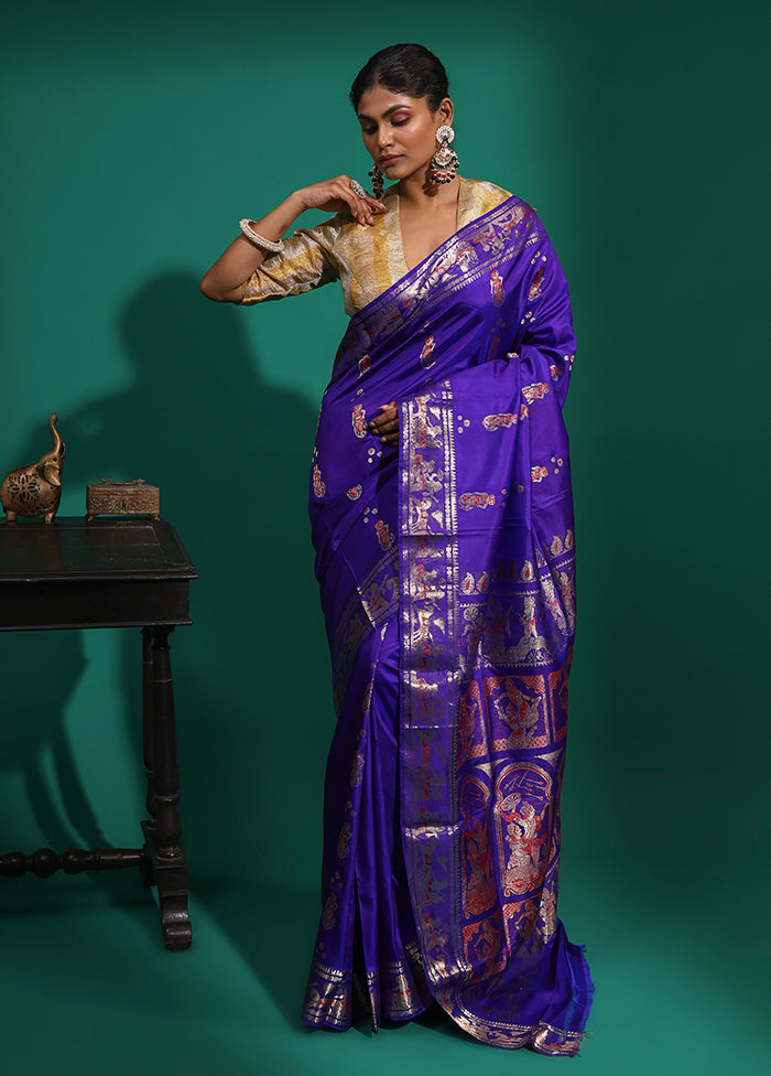 Blue Handloom Baluchari Pure Silk Saree With Blouse Piece