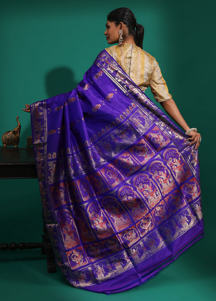 Blue Handloom Baluchari Pure Silk Saree With Blouse Piece