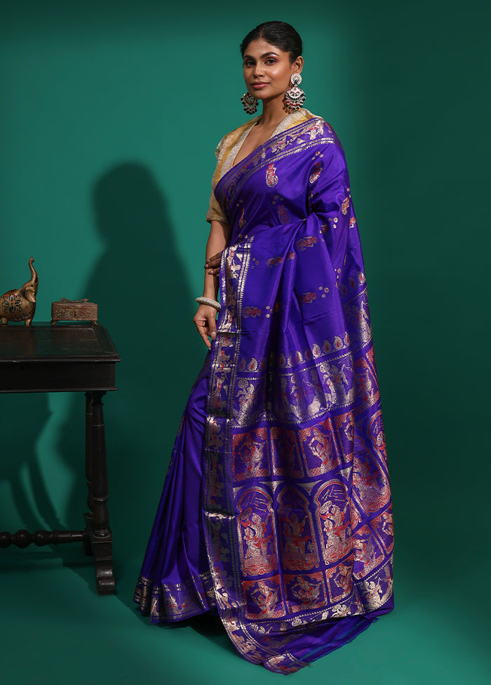 Blue Handloom Baluchari Pure Silk Saree With Blouse Piece