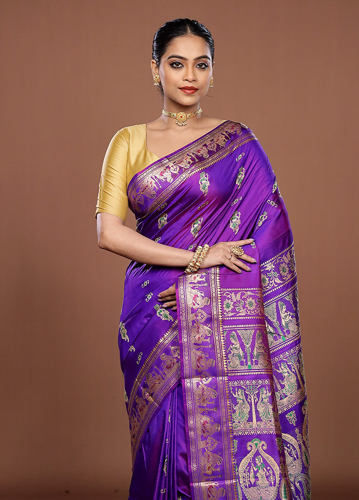 Blue Handloom Baluchari Pure Silk Saree With Blouse Piece