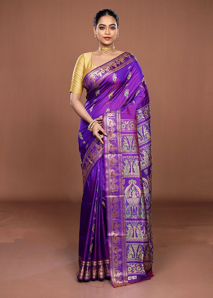Blue Handloom Baluchari Pure Silk Saree With Blouse Piece