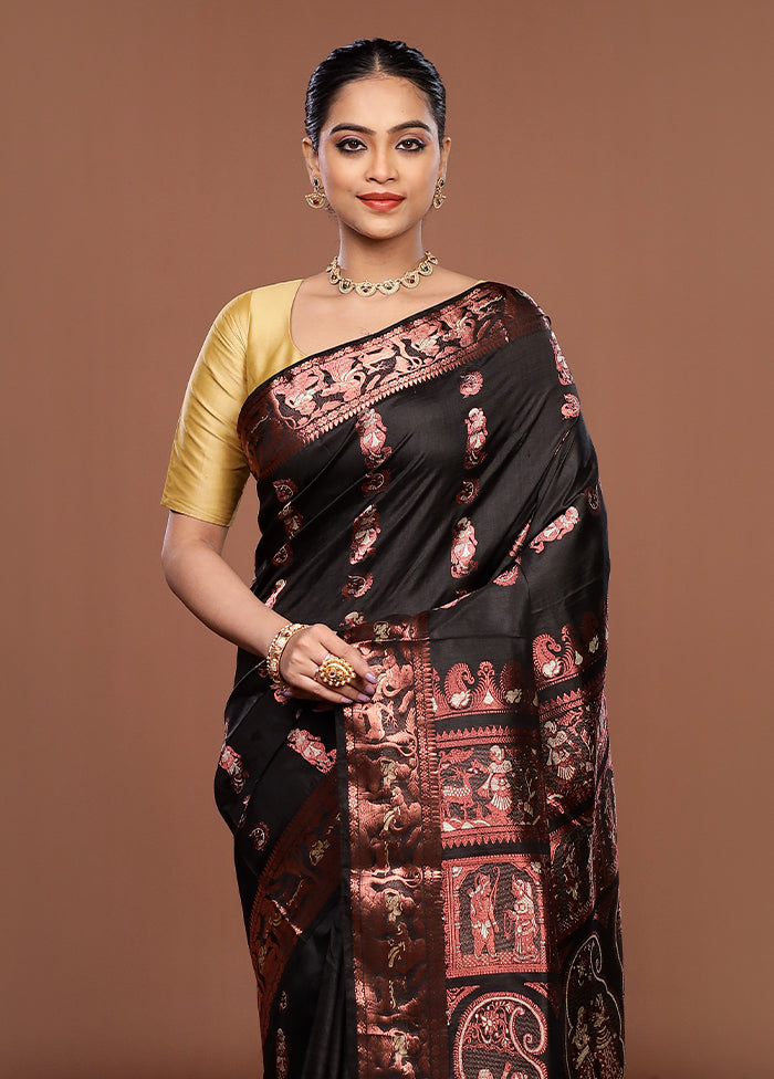 Black Handloom Baluchari Pure Silk Saree With Blouse Piece