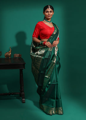 Green Handloom Baluchari Pure Silk Saree With Blouse Piece