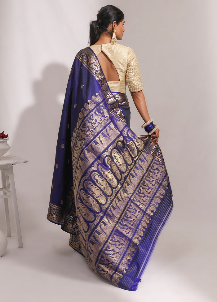 Blue Handloom Baluchari Pure Silk Saree With Blouse Piece