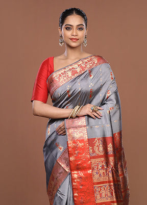 Grey Handloom Swarnachuri Pure Silk Saree With Blouse Piece