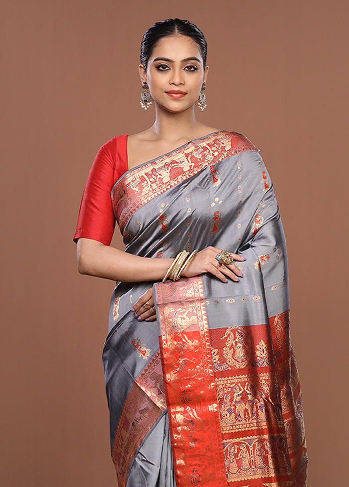 Grey Handloom Swarnachuri Pure Silk Saree With Blouse Piece