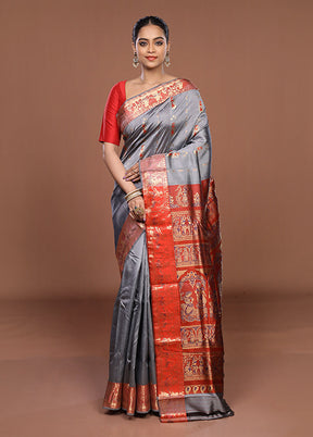 Grey Handloom Swarnachuri Pure Silk Saree With Blouse Piece