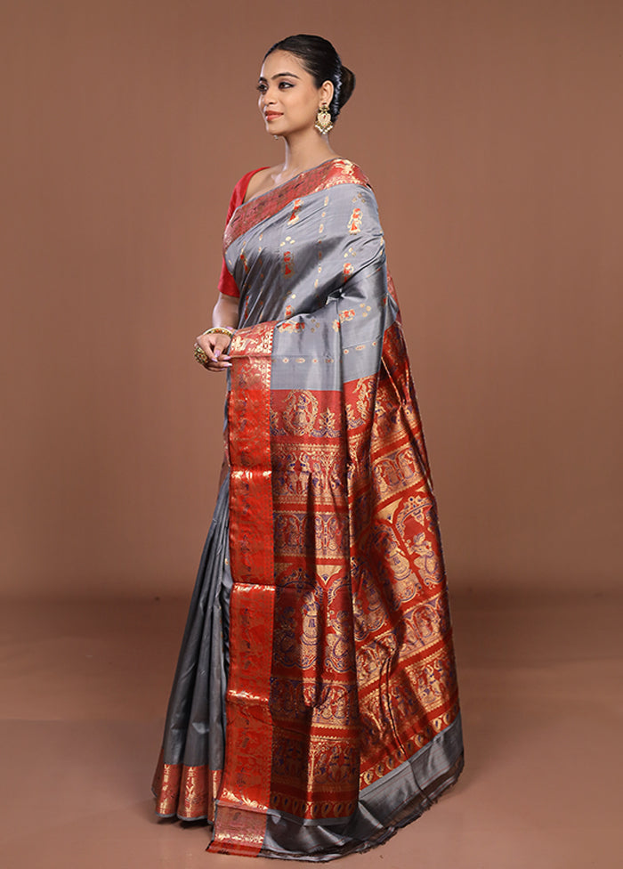 Grey Handloom Swarnachuri Pure Silk Saree With Blouse Piece