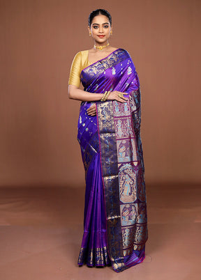 Blue Handloom Baluchari Pure Silk Saree With Blouse Piece