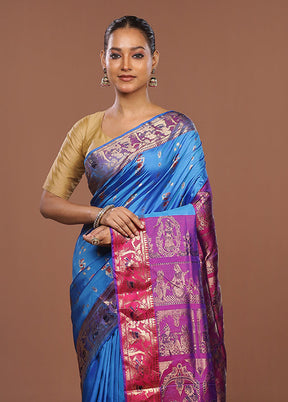 Blue Handloom Baluchari Pure Silk Saree With Blouse Piece