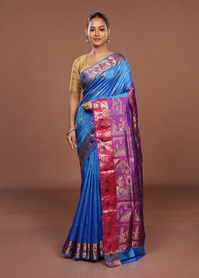 Blue Handloom Baluchari Pure Silk Saree With Blouse Piece