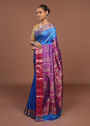 Blue Handloom Baluchari Pure Silk Saree With Blouse Piece