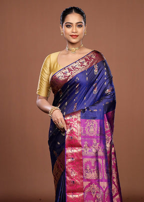 Blue Handloom Baluchari Pure Silk Saree With Blouse Piece