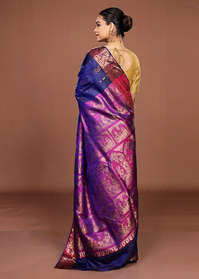 Blue Handloom Baluchari Pure Silk Saree With Blouse Piece