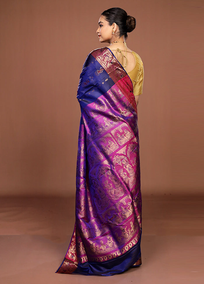 Blue Handloom Baluchari Pure Silk Saree With Blouse Piece