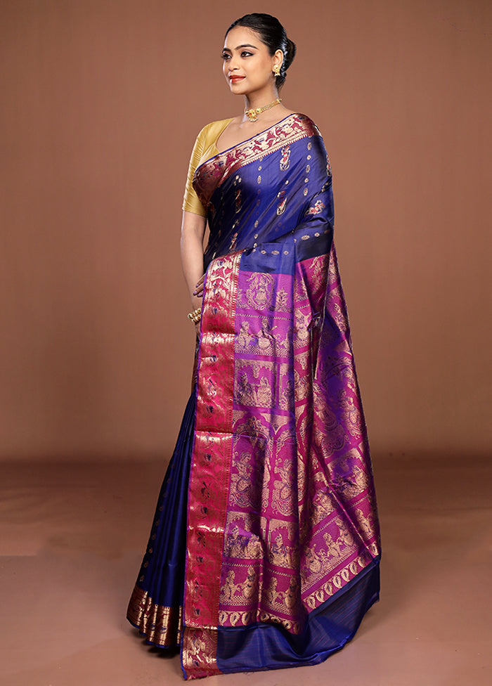 Blue Handloom Baluchari Pure Silk Saree With Blouse Piece