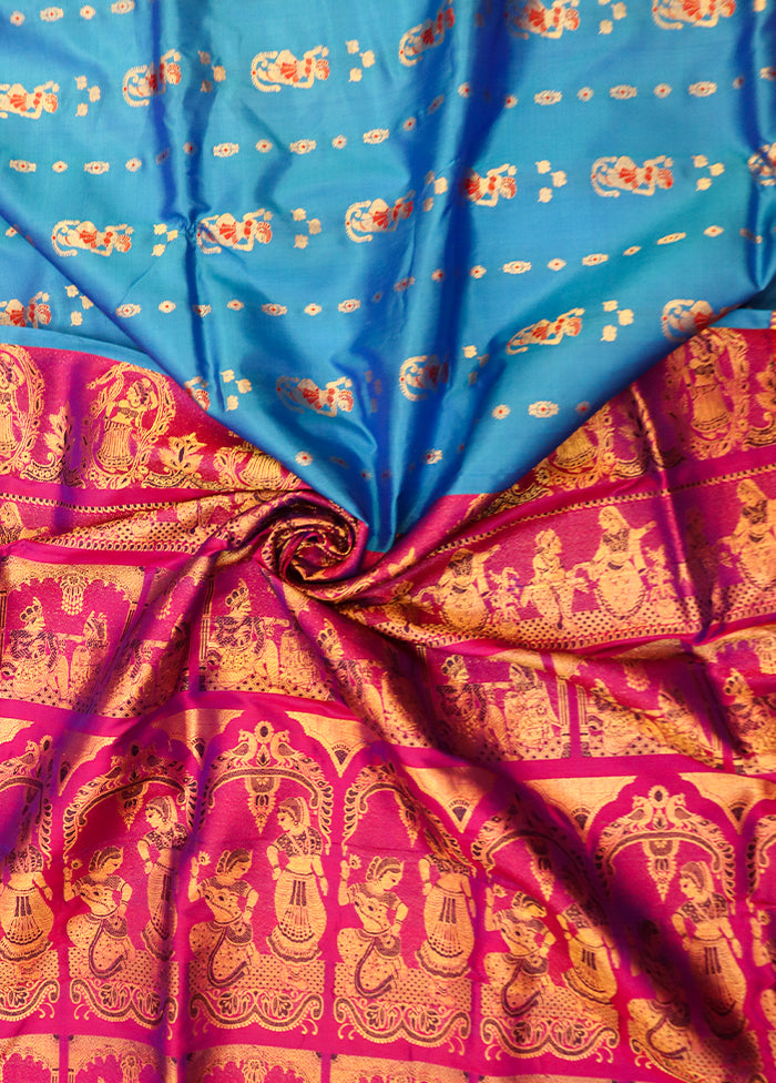 Blue Handloom Baluchari Pure Silk Saree With Blouse Piece