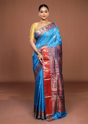 Blue Handloom Baluchari Pure Silk Saree With Blouse Piece