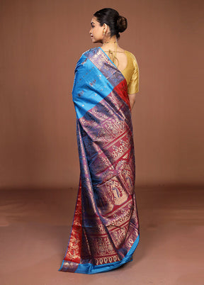 Blue Handloom Baluchari Pure Silk Saree With Blouse Piece
