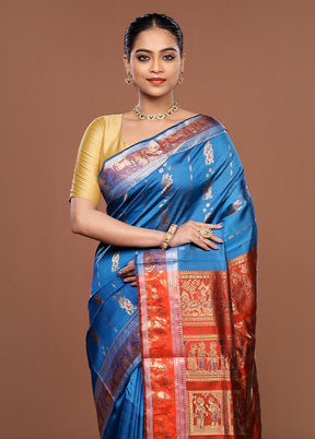 Blue Handloom Swarnachuri Pure Silk Saree With Blouse Piece