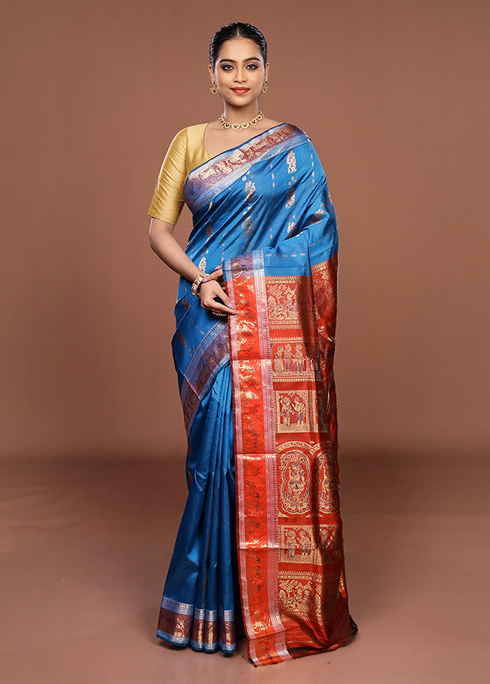 Blue Handloom Baluchari Pure Silk Saree With Blouse Piece