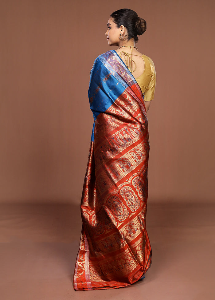 Blue Handloom Baluchari Pure Silk Saree With Blouse Piece
