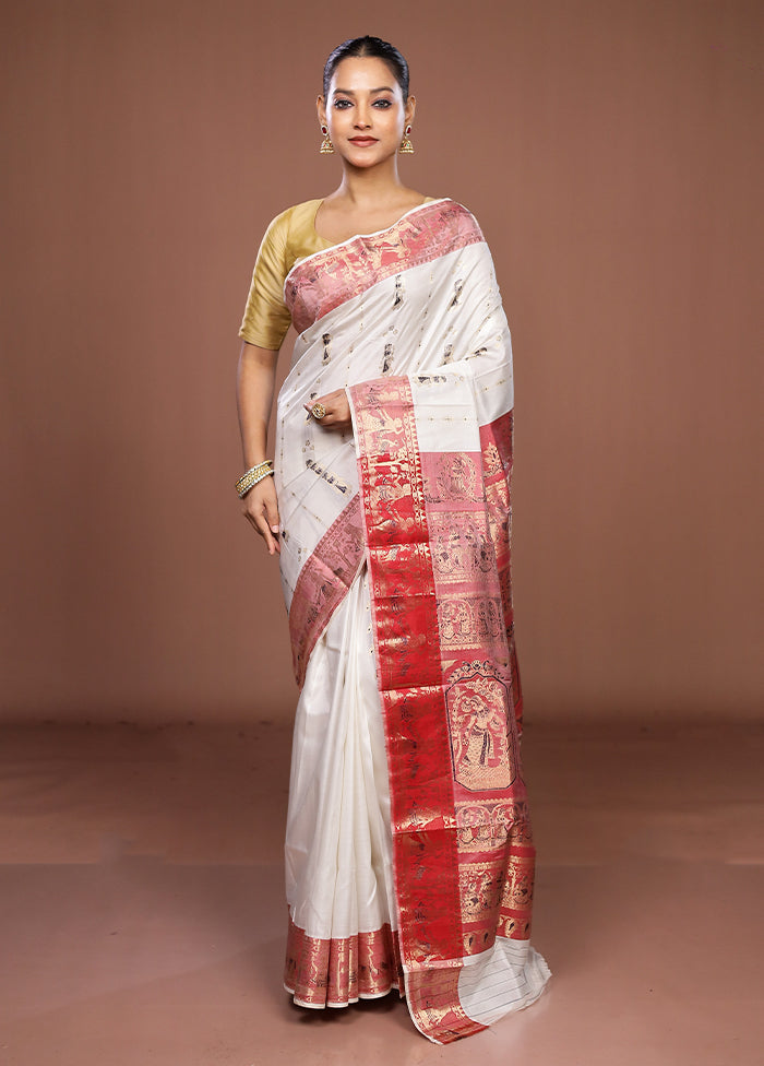 White Handloom Baluchari Pure Silk Saree With Blouse Piece
