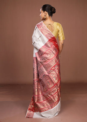 White Handloom Baluchari Pure Silk Saree With Blouse Piece