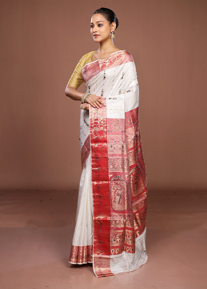 White Handloom Baluchari Pure Silk Saree With Blouse Piece