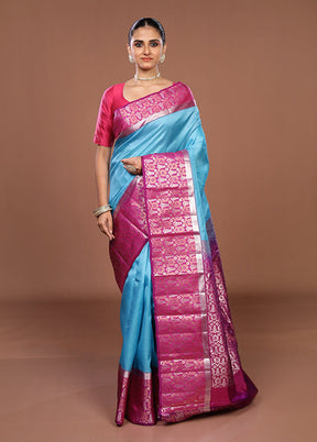 Blue Handloom Kanchipuram Pure Silk Saree With Blouse Piece
